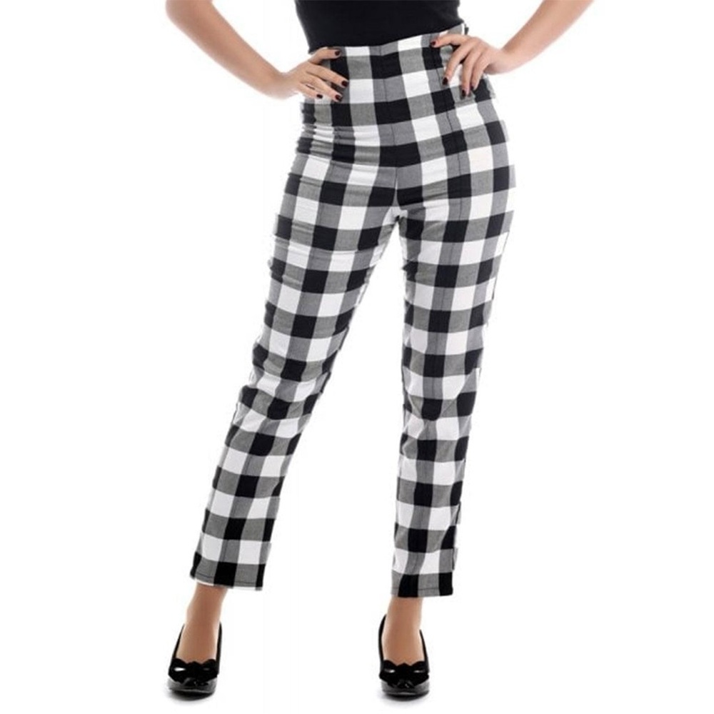 Collectif Bonnie Retro Gingham Black & White Plaid Cigarette Trousers UK 6
